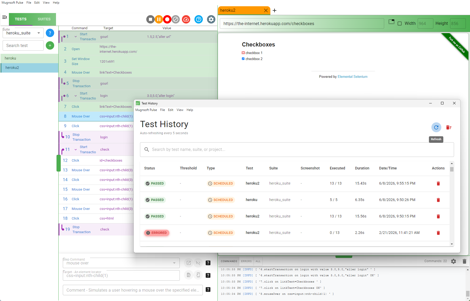 Mugnsoft Pulse showing a no-code test builder and a Test History view with passed and errored user-journey runs, durations, and schedules